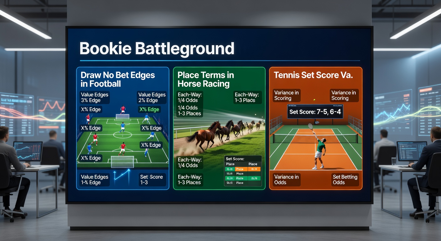 Horse racing field thundering down the track with inset graphics showing varying place terms from different bookmakers