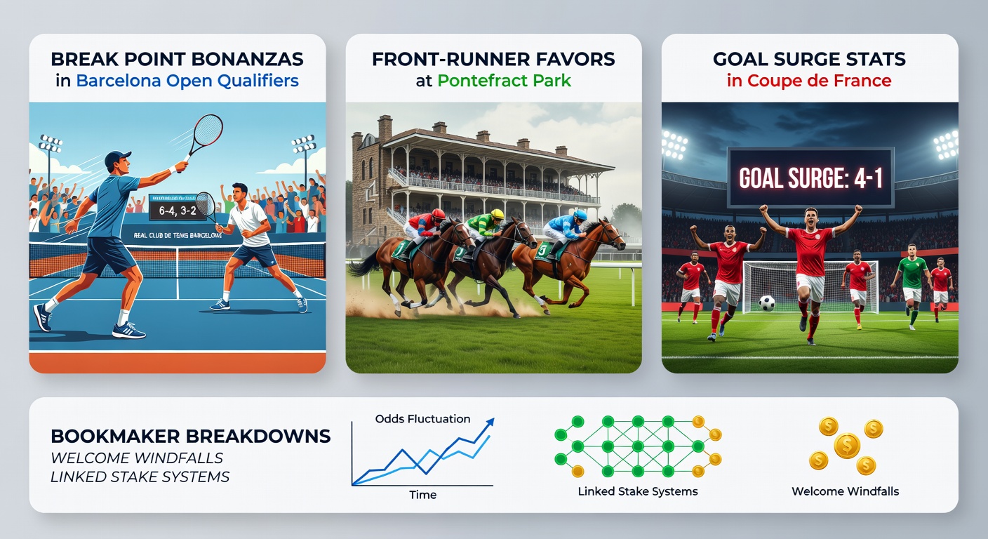 Tennis player serving intensely during Barcelona Open qualifiers, with racehorses charging ahead at Pontefract Park and soccer fans celebrating a late Coupe de France goal in the background