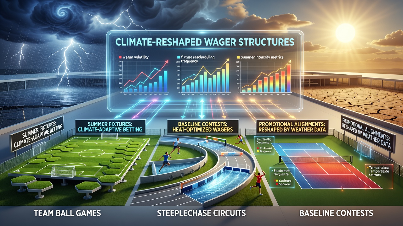 Summer sports venues showing heat effects on football pitches, racing tracks, and tennis courts during June events