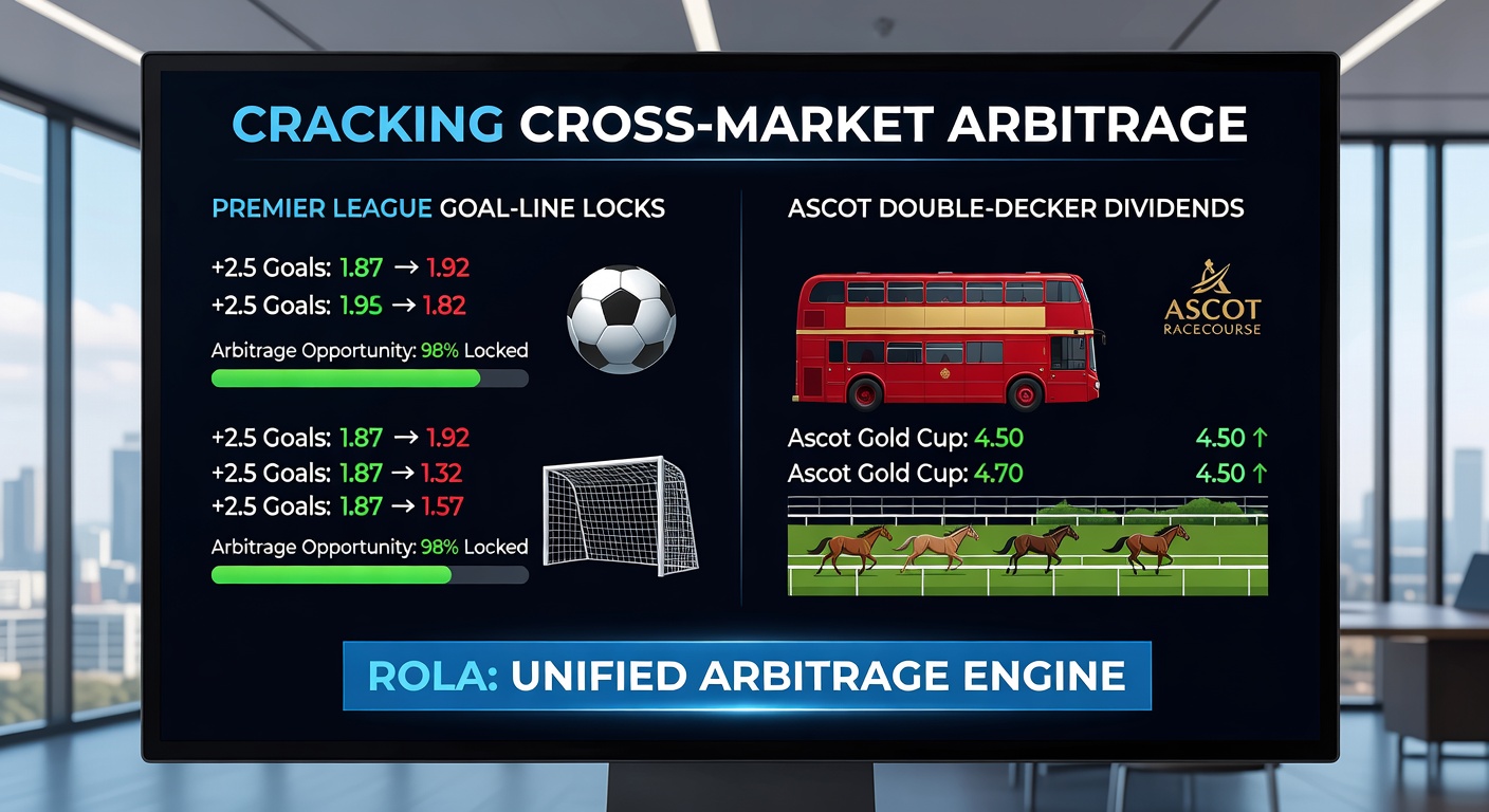 Ascot racecourse finish line with dual dividend boards displayed, overlaying Premier League goal charts and Roland Garros clay court rallies for a cross-market betting visualization