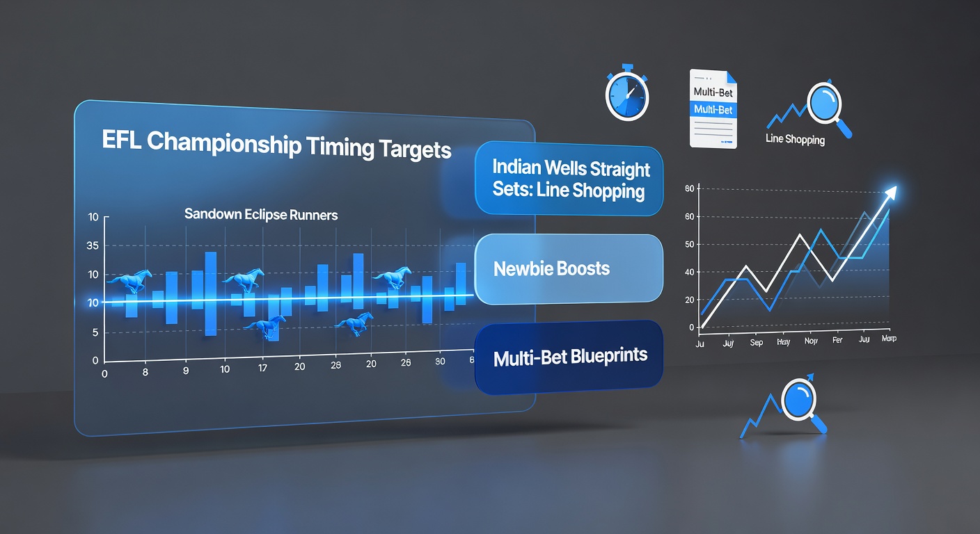 EFL Championship match action with clock overlay, Sandown racecourse runners, and Indian Wells tennis straight sets victory