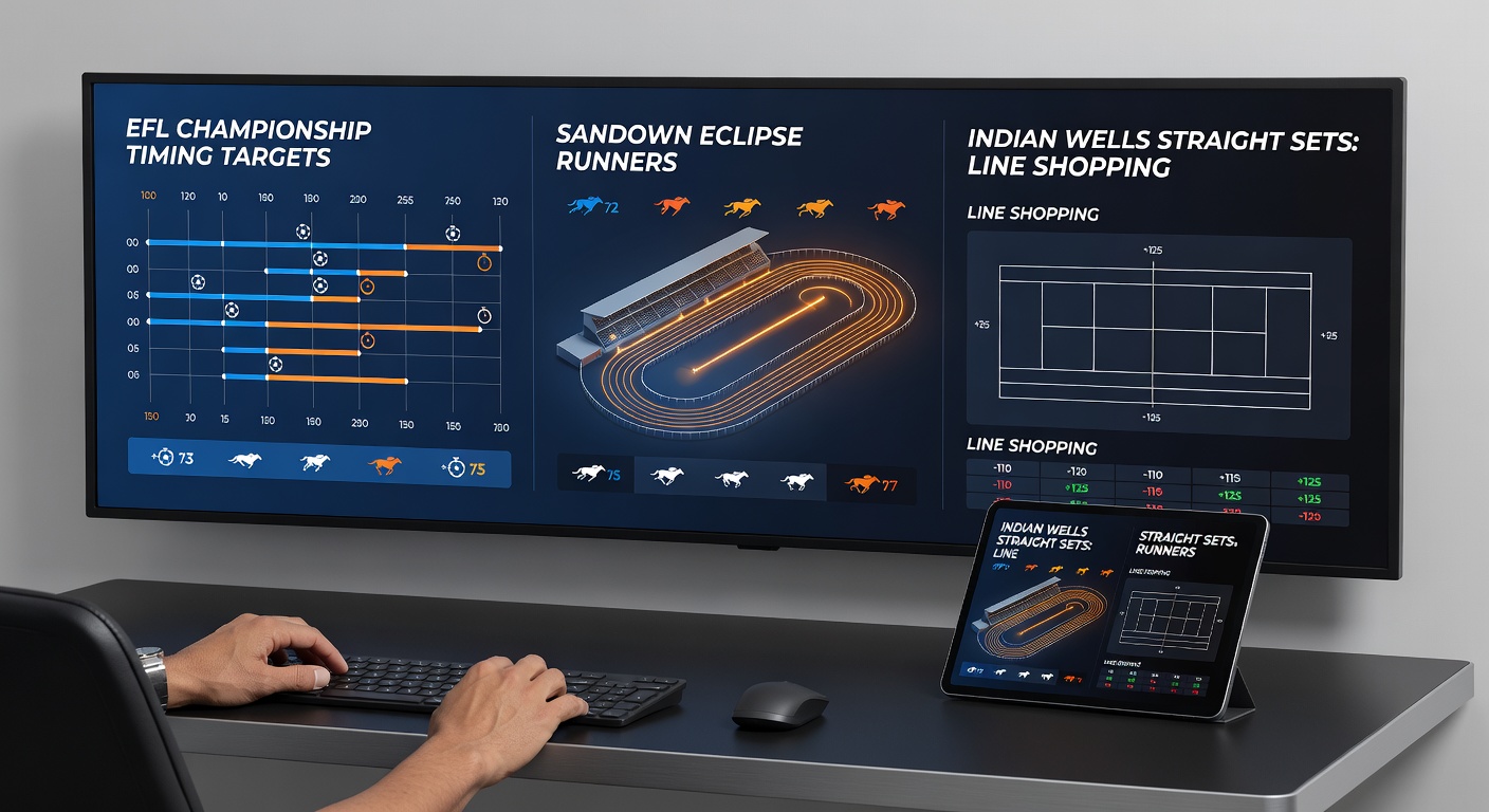 Collage of EFL timing charts, Eclipse horse lineup at Sandown, Indian Wells player celebrating straight sets win