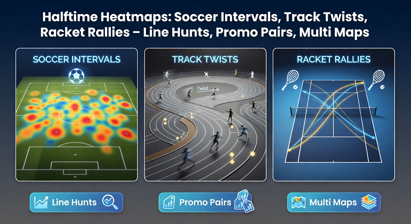 Dynamic halftime heatmap overlay on a soccer pitch showing player movements and event density during first-half intervals