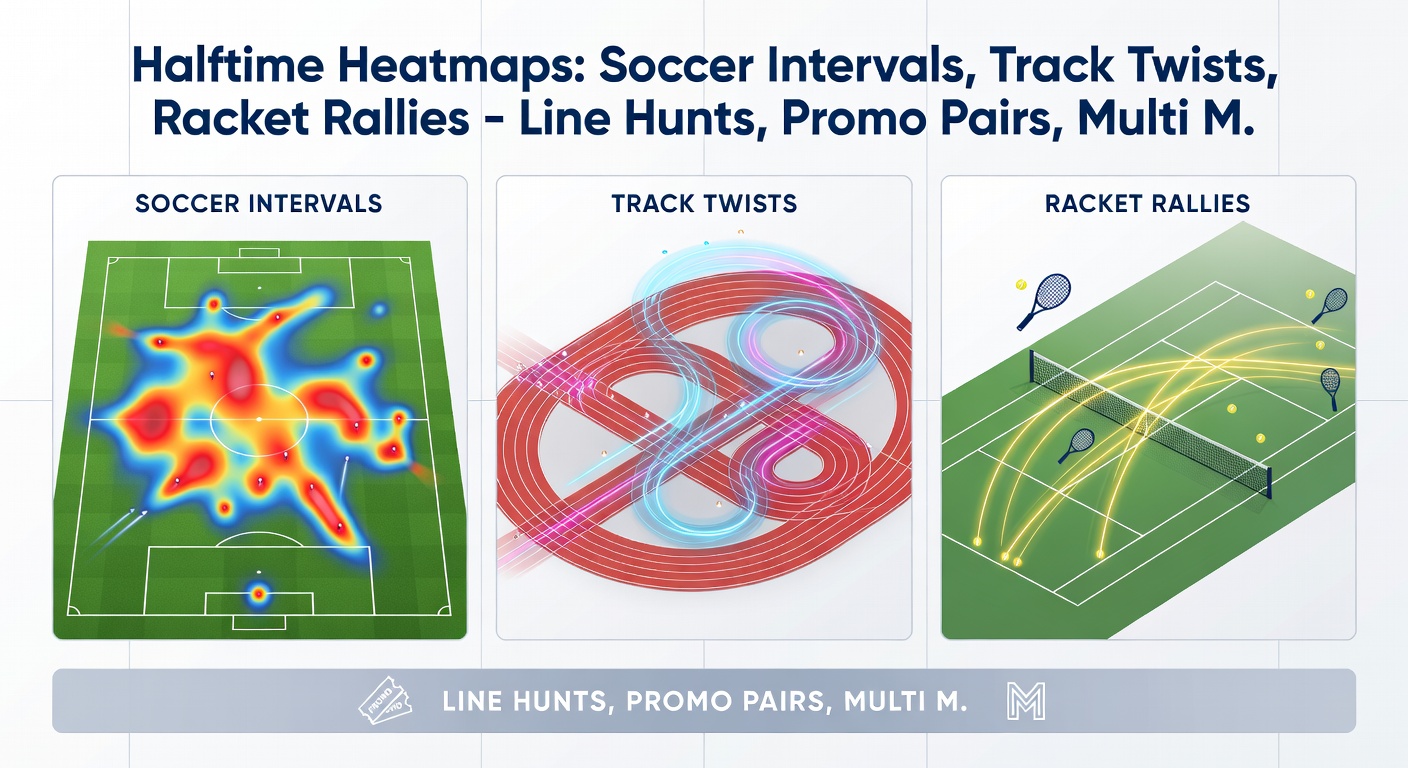 Split-view graphic of a horse racing track layout with twist points marked alongside tennis rally sequences and soccer heatmap zones