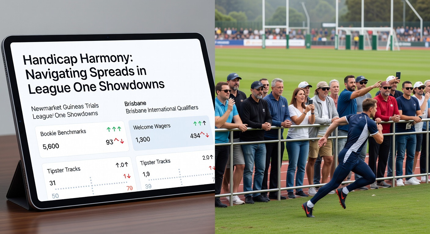 League One football pitch action during a tense handicap spread moment, overlaid with Newmarket racecourse and Brisbane tennis courts