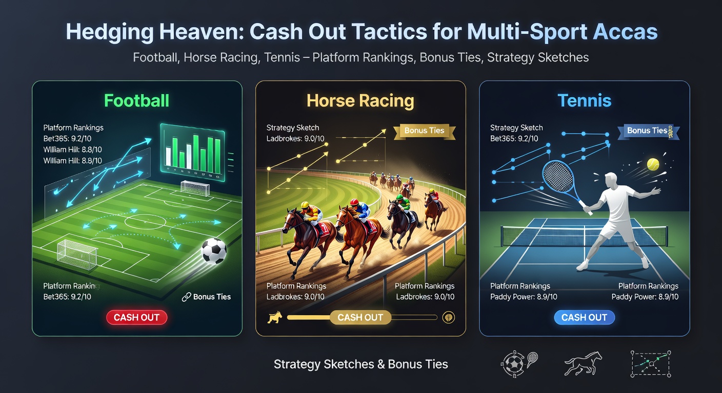 Graphic showing cash out icons across football pitch, race track, and tennis court with accumulator chains linking them