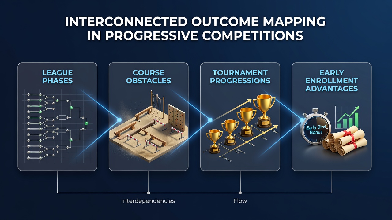 Diagram showing interconnected phases in league and tournament structures with outcome mapping pathways