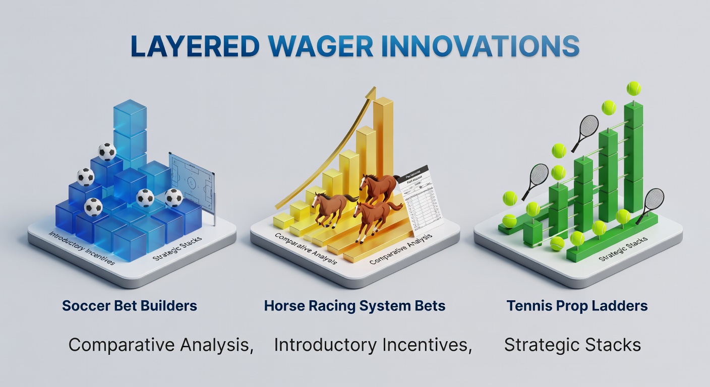 Visual breakdown of layered betting options across soccer, horse racing, and tennis, highlighting bet builder interfaces and system bet calculators
