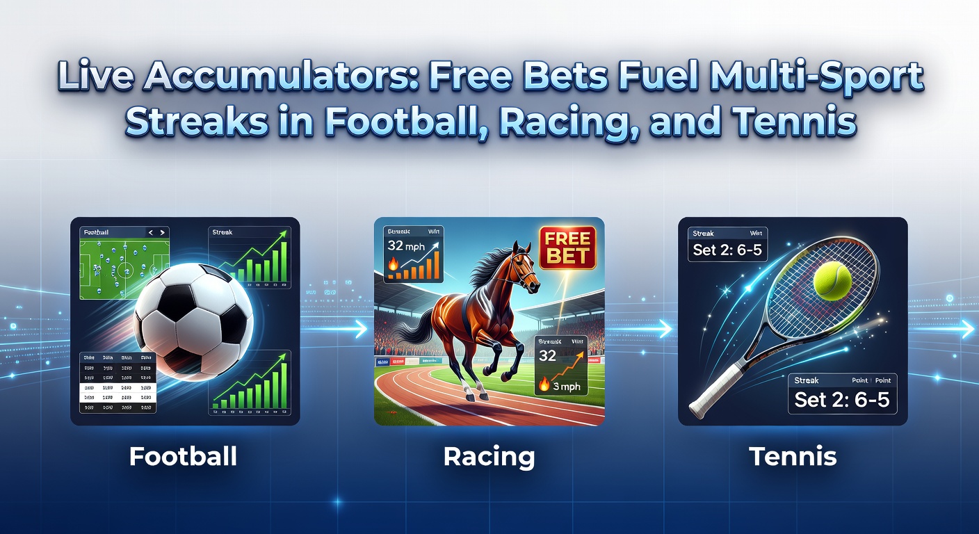 Dynamic live accumulator bet interface showing multi-sport selections across football, horse racing, and tennis matches with free bet icons highlighted