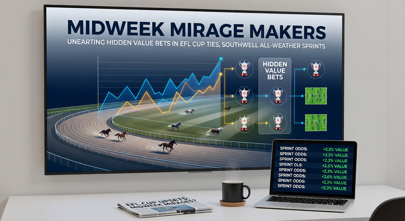 Racing horses thundering down Southwell's all-weather track in a sprint finish, spray kicking up under floodlights, highlighting the speed and precision of midweek flat races