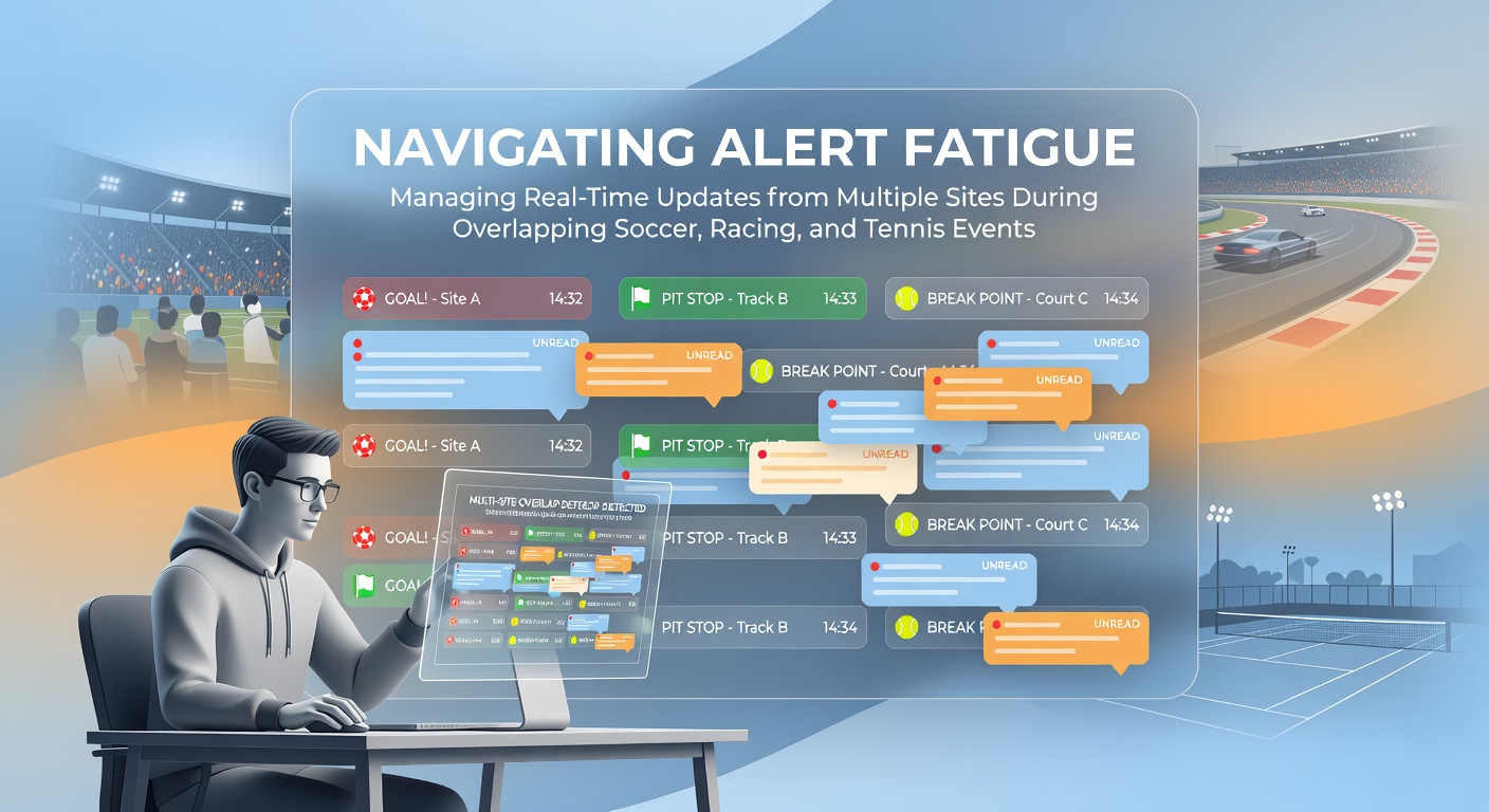 Sports fan managing multiple device notifications during overlapping soccer, tennis, and racing events