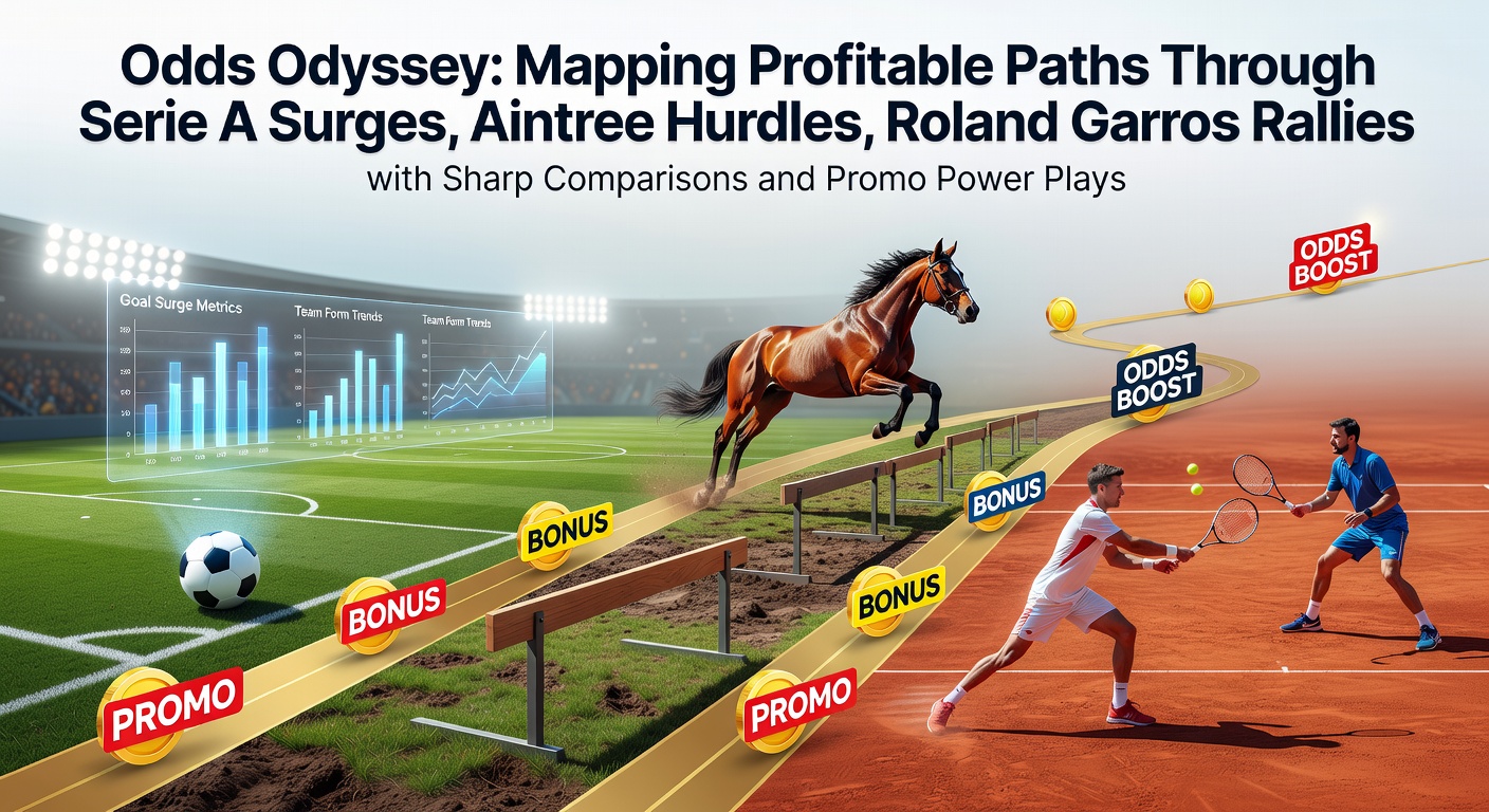 Dynamic scene blending Serie A football action, Aintree horse racing hurdles, and Roland Garros tennis rallies with overlaid betting odds comparisons