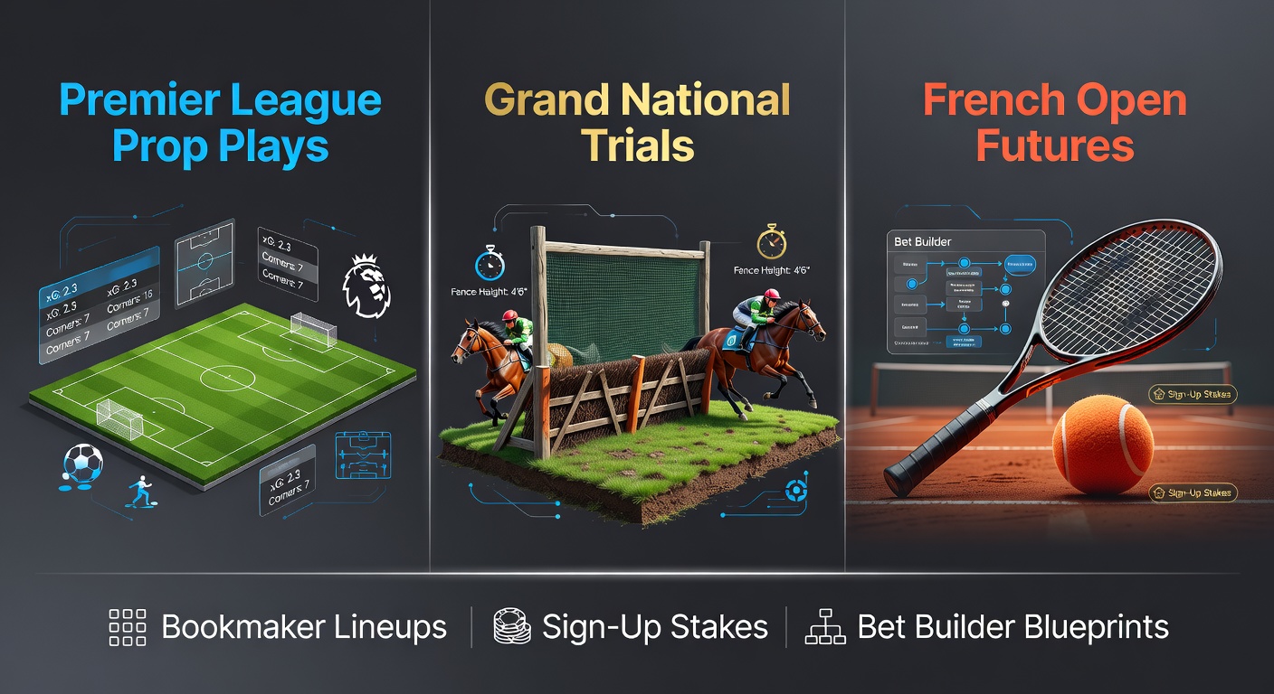 Premier League match action with player props highlighted alongside Grand National runners and French Open clay courts