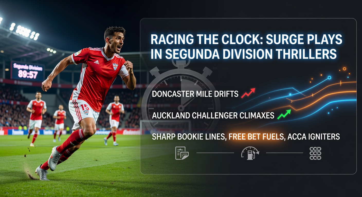 A tense late-goal celebration in a packed Segunda Division stadium under floodlights, capturing the surge play excitement