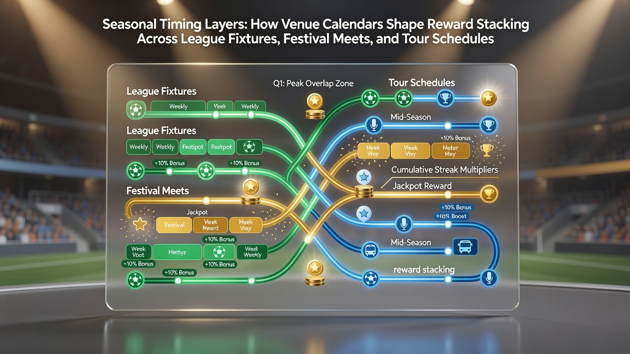 Venue calendar overlaps illustrated across multiple sports events including football leagues, horse racing festivals, and tennis tours