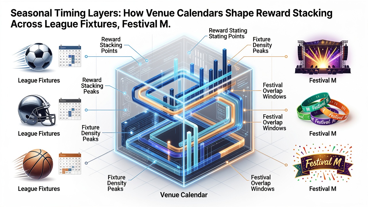 Calendar grid showing overlapping dates for league matches, racing festivals, and tennis tours in a typical season