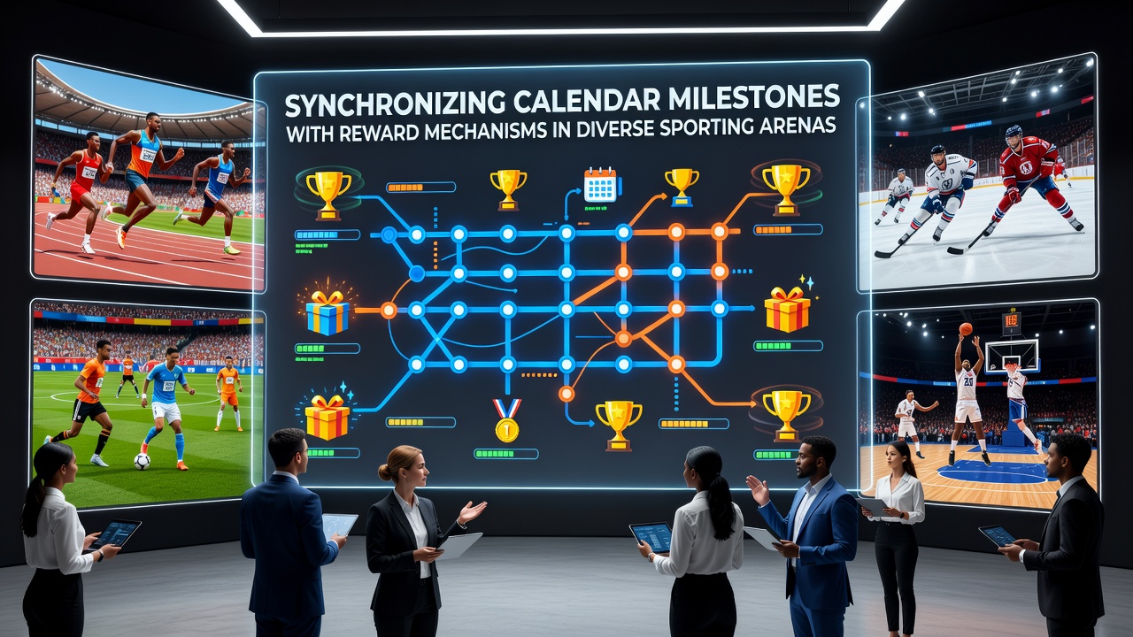 Sports calendar milestones displayed alongside reward program interfaces in stadium settings