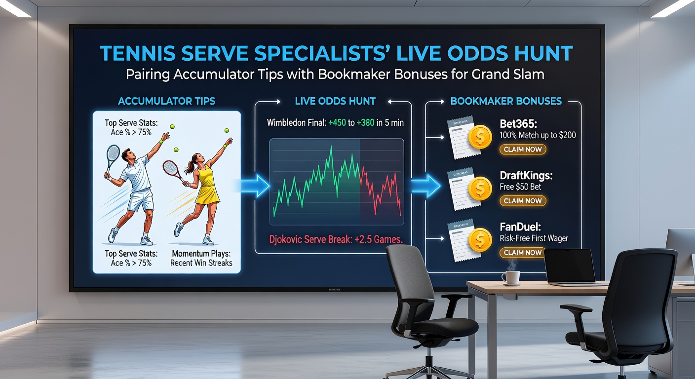 Live betting interface showing tennis accumulator odds with serve specialist selections and bookmaker bonus overlays during a Grand Slam
