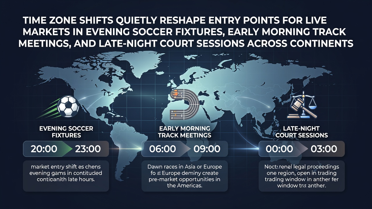 Global map showing time zone overlaps for soccer, track, and tennis events across continents