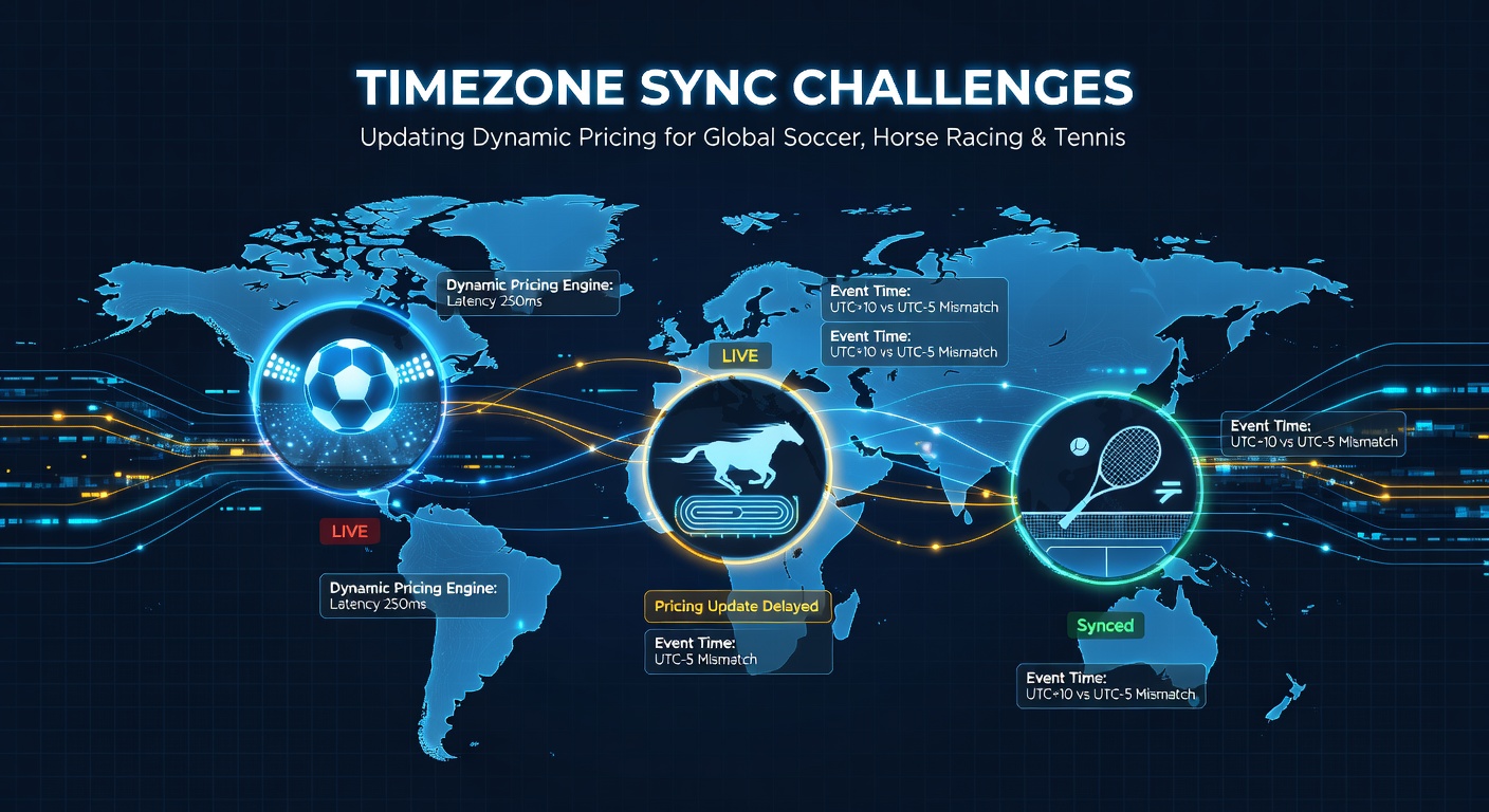 Global timezone map highlighting soccer, horse racing, and tennis event locations across continents