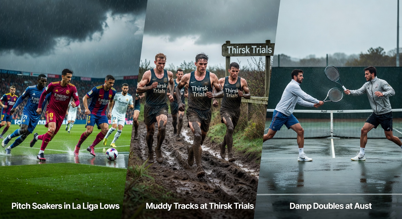 Muddy horse racing track at Thirsk amid rainy trials, with horses splashing through softened ground