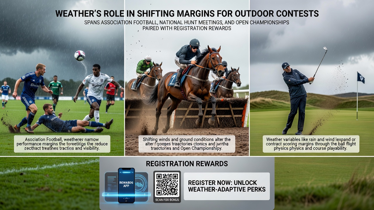 Weather conditions affecting outdoor sports events including football pitches, horse racing tracks, and championship golf courses