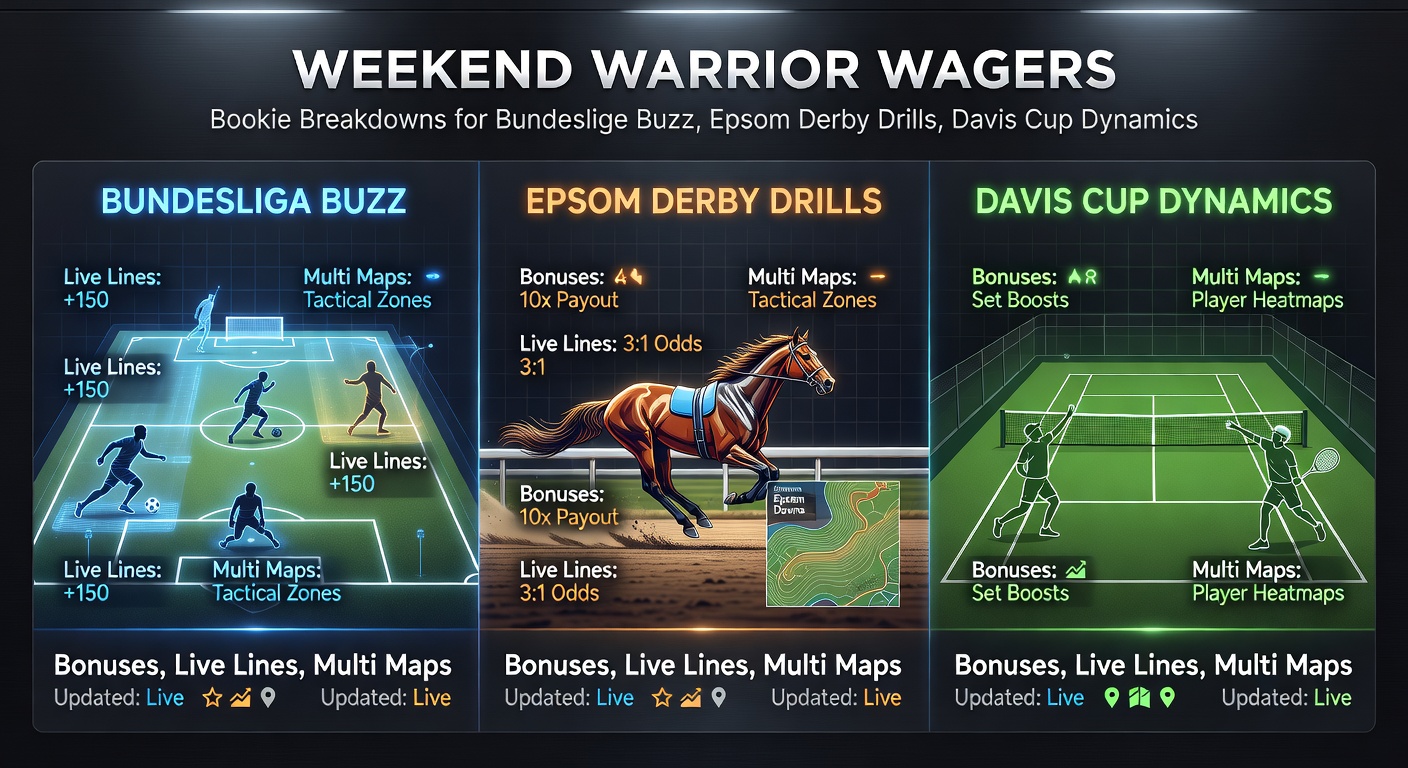 Vibrant stadium scene blending Bundesliga action, Epsom Derby horses thundering down the track, and Davis Cup players in intense rally, overlaid with dynamic betting lines and bonus icons